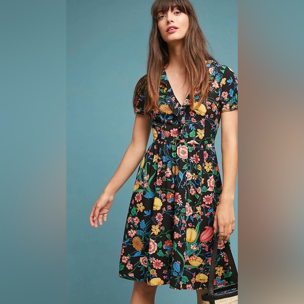 Maeve by Anthropologie Bloedel Floral Butterfly Dress Womens Ruffled Boho Sz 4